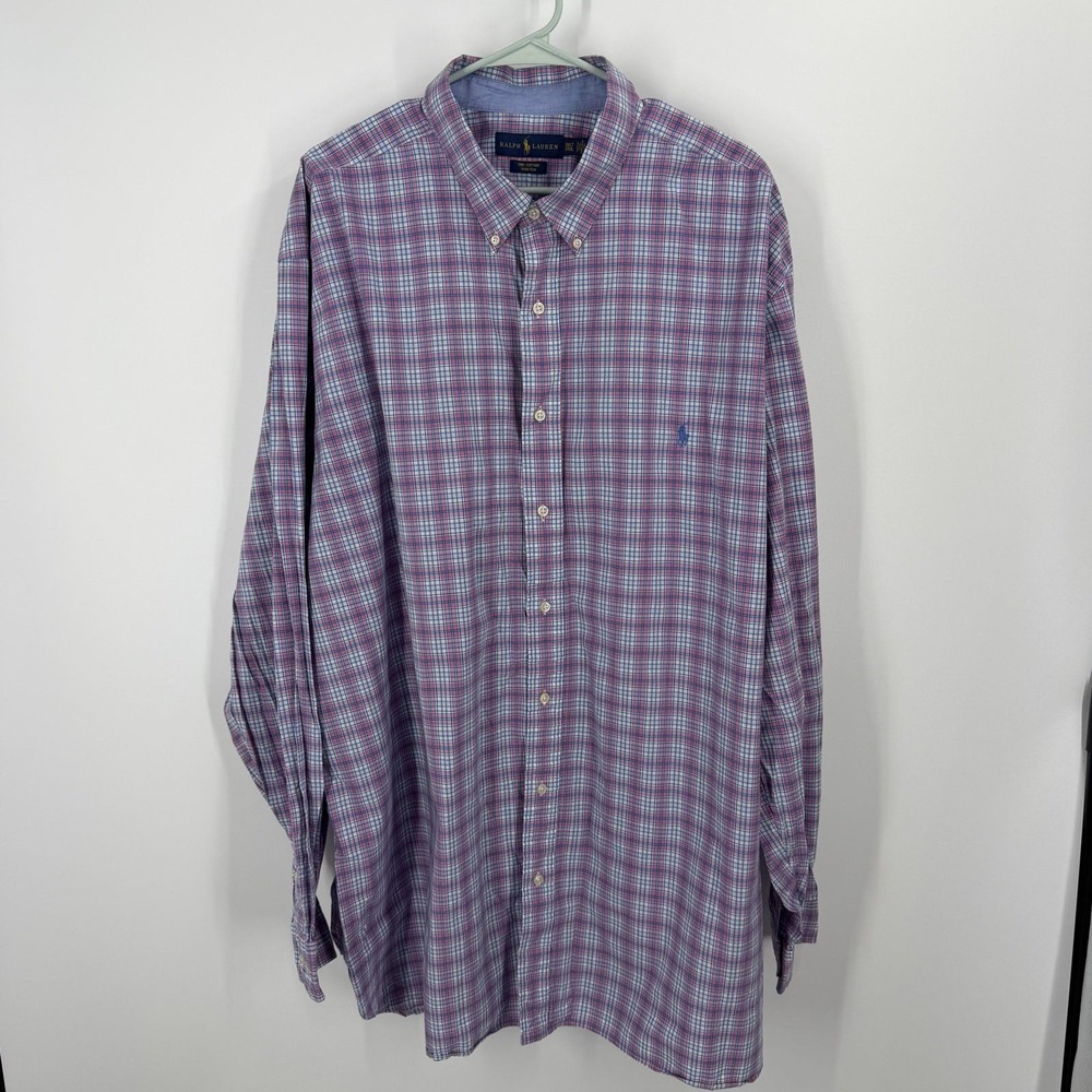 Ralph Lauren Button Down Shirt Mens 3XLT Purple Plaid Cotton Stretch Long Sleeve